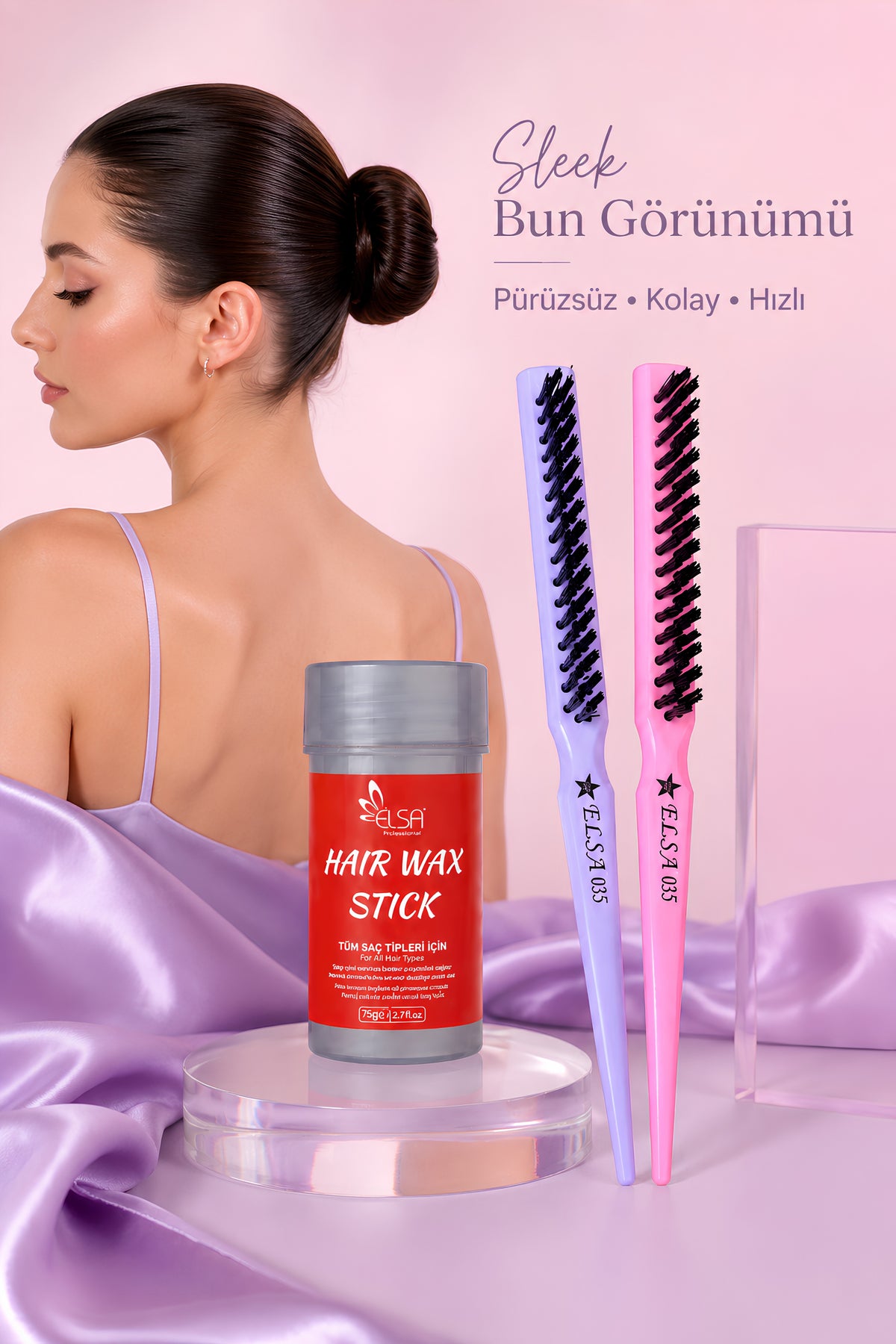 Elsa Sleek Bun Topuz Seti: 2 Topuz Fırçası ve Hair Wax Stick 75 g – görsel 2