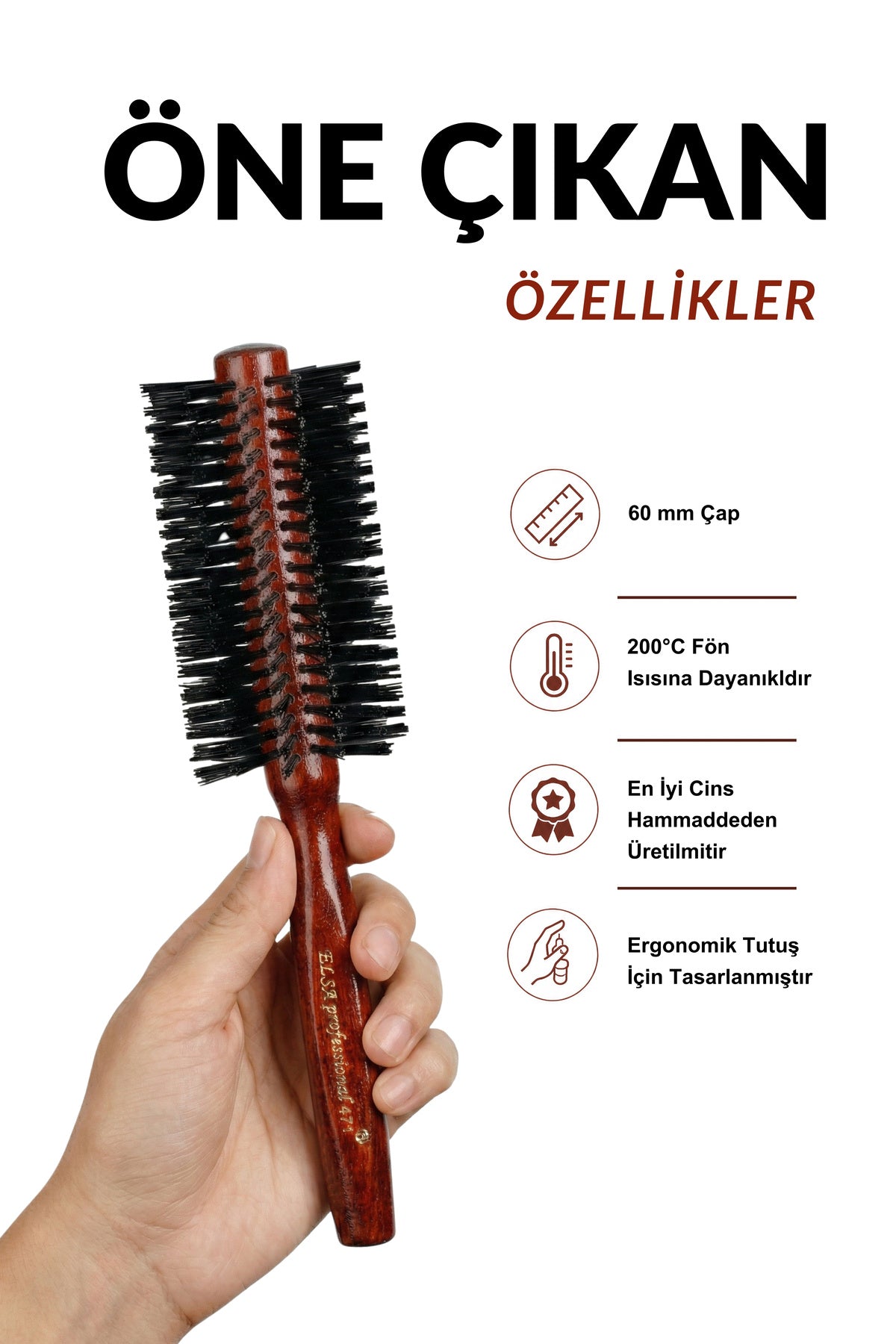 Elsa Professional 471 Maun 60 mm fön fırçası ergonomik tutuş ve ısı dayanımı