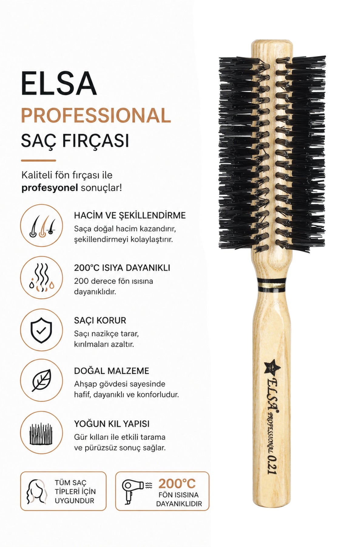 Elsa Professional 0.21 Natürel Saç Fırçası 48 mm – Profesyonel Fön Fırçası, Hacim Veren Yuvarlak Saç Fırçası - 2. görsel - Elsa Saç Fırçaları