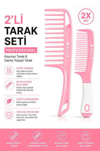 Professional 1058 Kaymaz Tarak & 0345 Geniş Yüzeyli Tarak 2’li Set – Kolay Tarama
