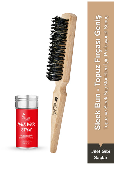 Professional Hair Wax Stick 75gr - Saç Sabitleyici ve 131 Organik Topuz Fırçası Sleek Bun 2'li Set