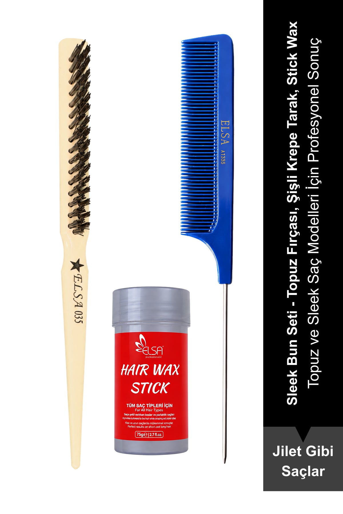 Elsa Sleek Bun Topuz Seti: Topuz Fırçası, Şişli Krepe Tarak ve Hair Wax Stick 75 g - Elsa Saç Fırçaları