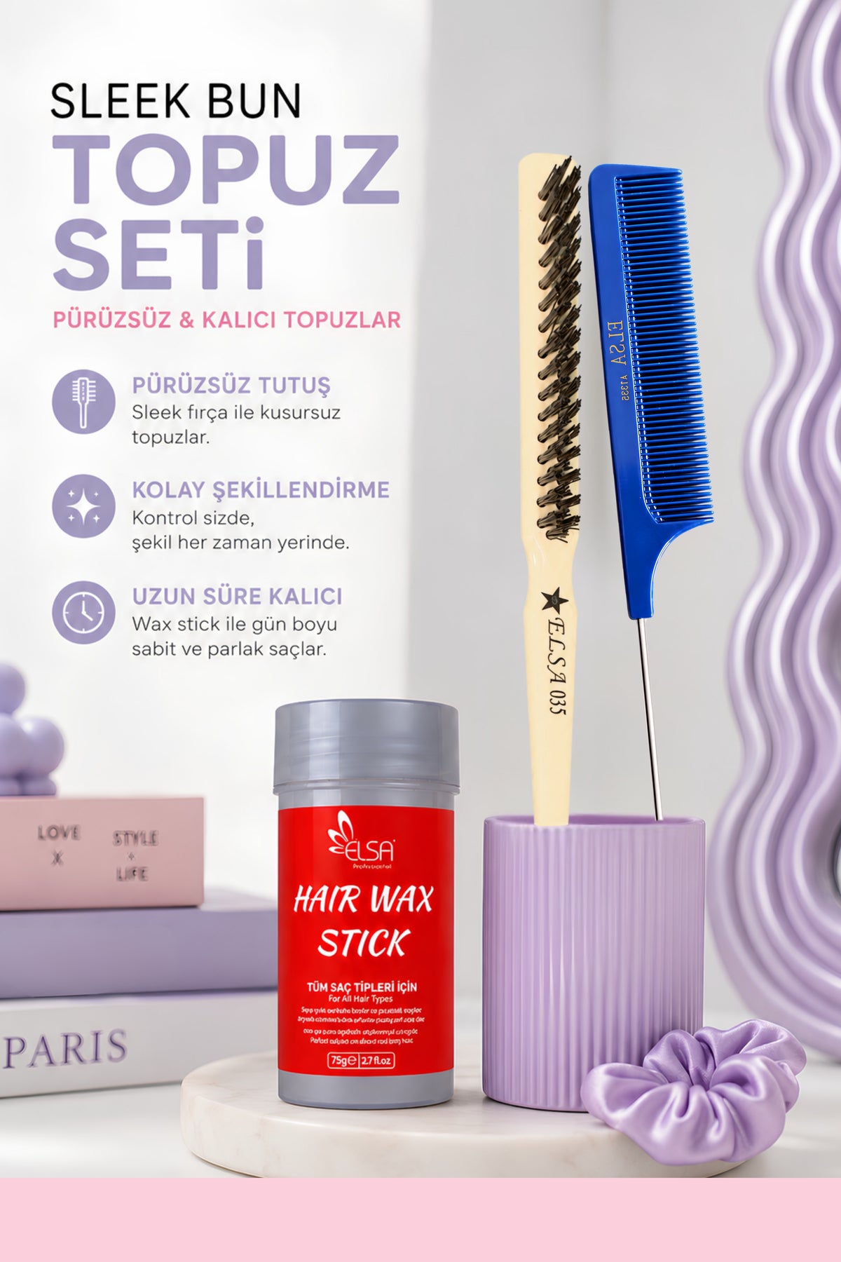 Elsa Sleek Bun Topuz Seti: Topuz Fırçası, Şişli Krepe Tarak ve Hair Wax Stick 75 g - Elsa Saç Fırçaları