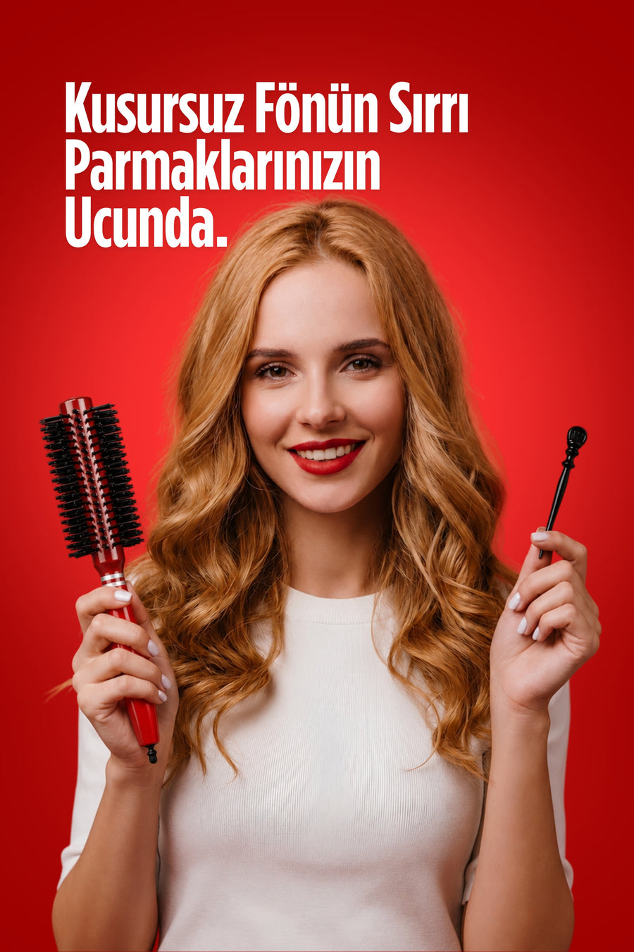 Elsa Professional 333 Tokalı Kırmızı fön fırçası ve saç ayırma aparatı kullanım görünümü