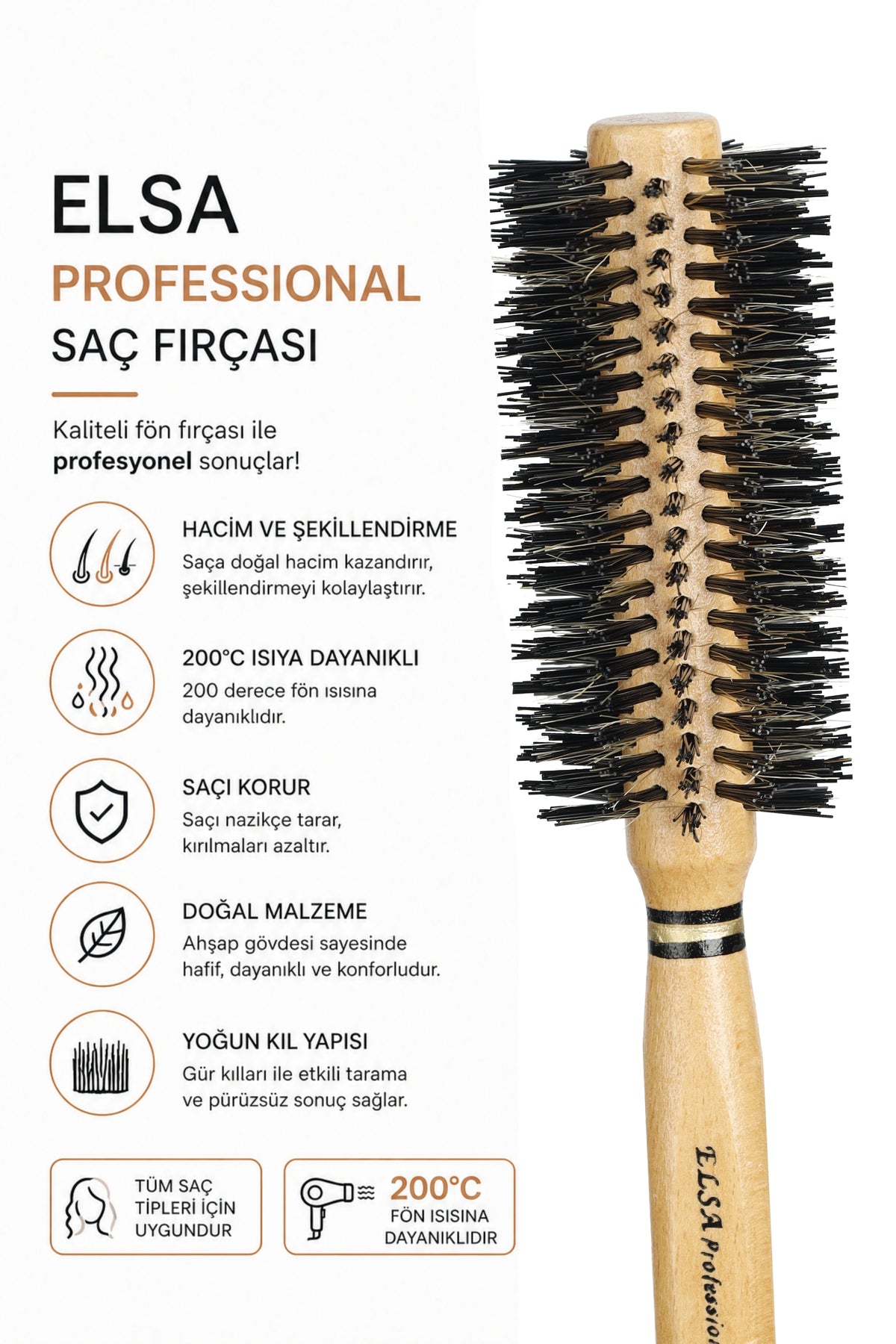 Professional 2003 Natürel Kırçıllı Saç Fırçası 48 mm – Profesyonel Fön Fırçası, Hacim Veren Yuvarlak Saç Fırçası - Elsa Saç Fırçaları