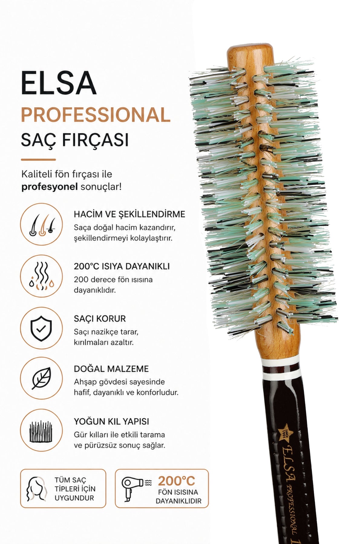 Elsa Professional 1929B Natürel Saç Fırçası 48 mm – Profesyonel Fön Fırçası, Hacim Veren Yuvarlak Saç Fırçası - Elsa Saç Fırçaları