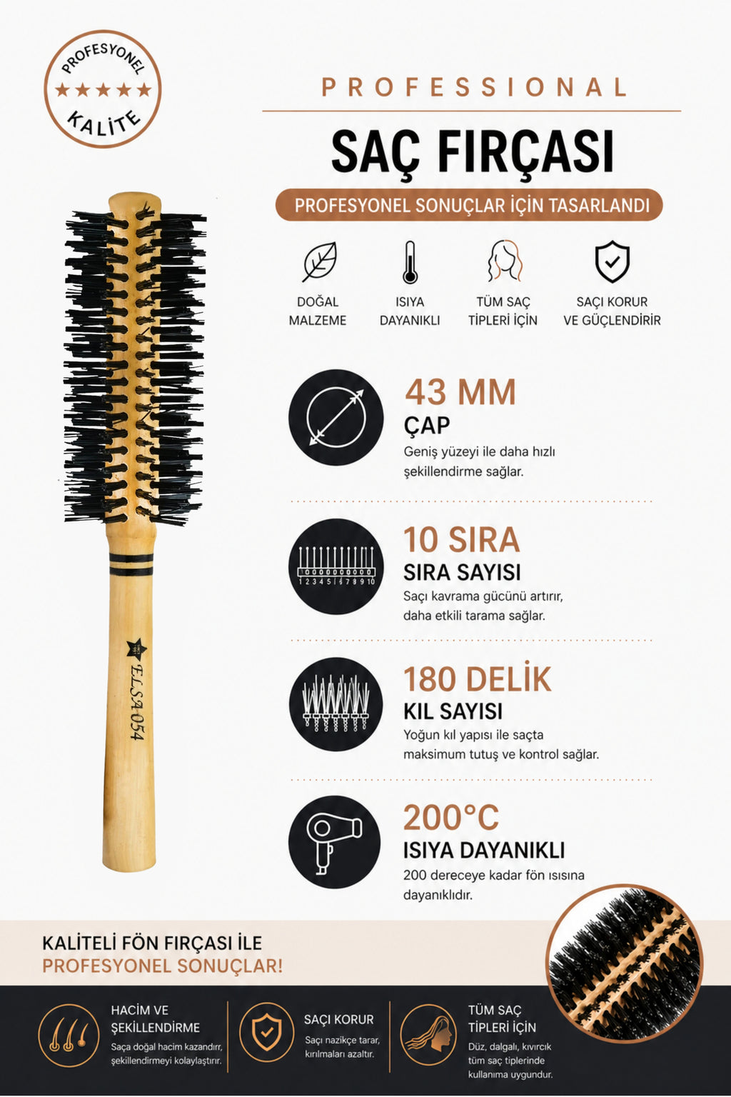 Elsa Professional 0.54 Natürel Saç Fırçası 43 mm – Profesyonel Fön Fırçası, Hacim Veren Yuvarlak Saç Fırçası - Elsa Saç Fırçaları