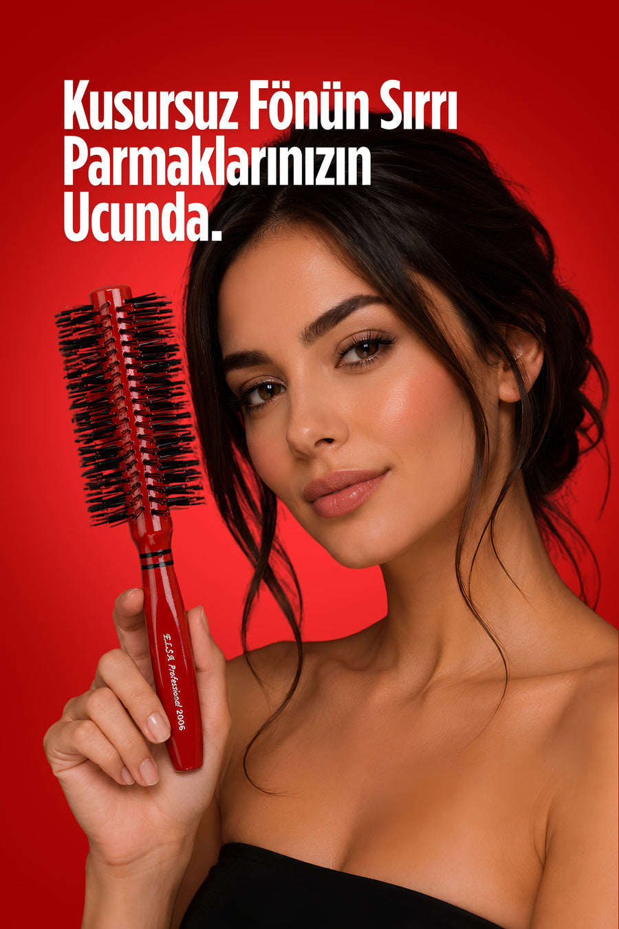 Elsa Professional 2006 kırmızı 60 mm fön fırçası elde tutuş görünümü
