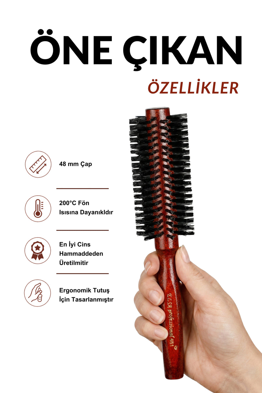 Elsa Professional 461 Maun fön fırçası 48 mm 200°C ve ergonomik tutuş özellikleri
