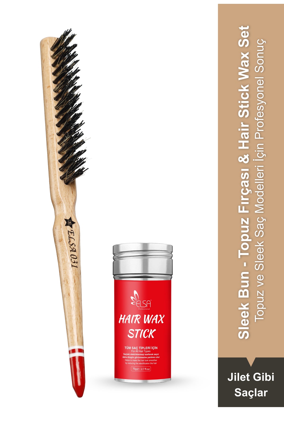 Professional Hair Wax Stick 75gr - Hair Fixer and Bun Brush Sleek Bun 2-Piece Set