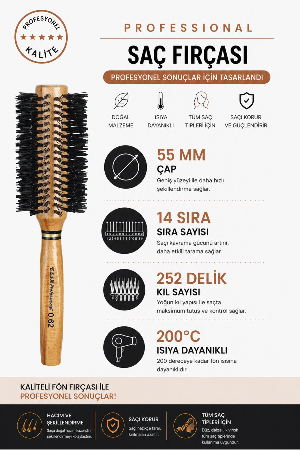 Elsa Professional 0.62 Natürel Saç Fırçası 55 mm – Profesyonel Fön Fırçası, Hacim Veren Yuvarlak Saç Fırçası - Elsa Saç Fırçaları