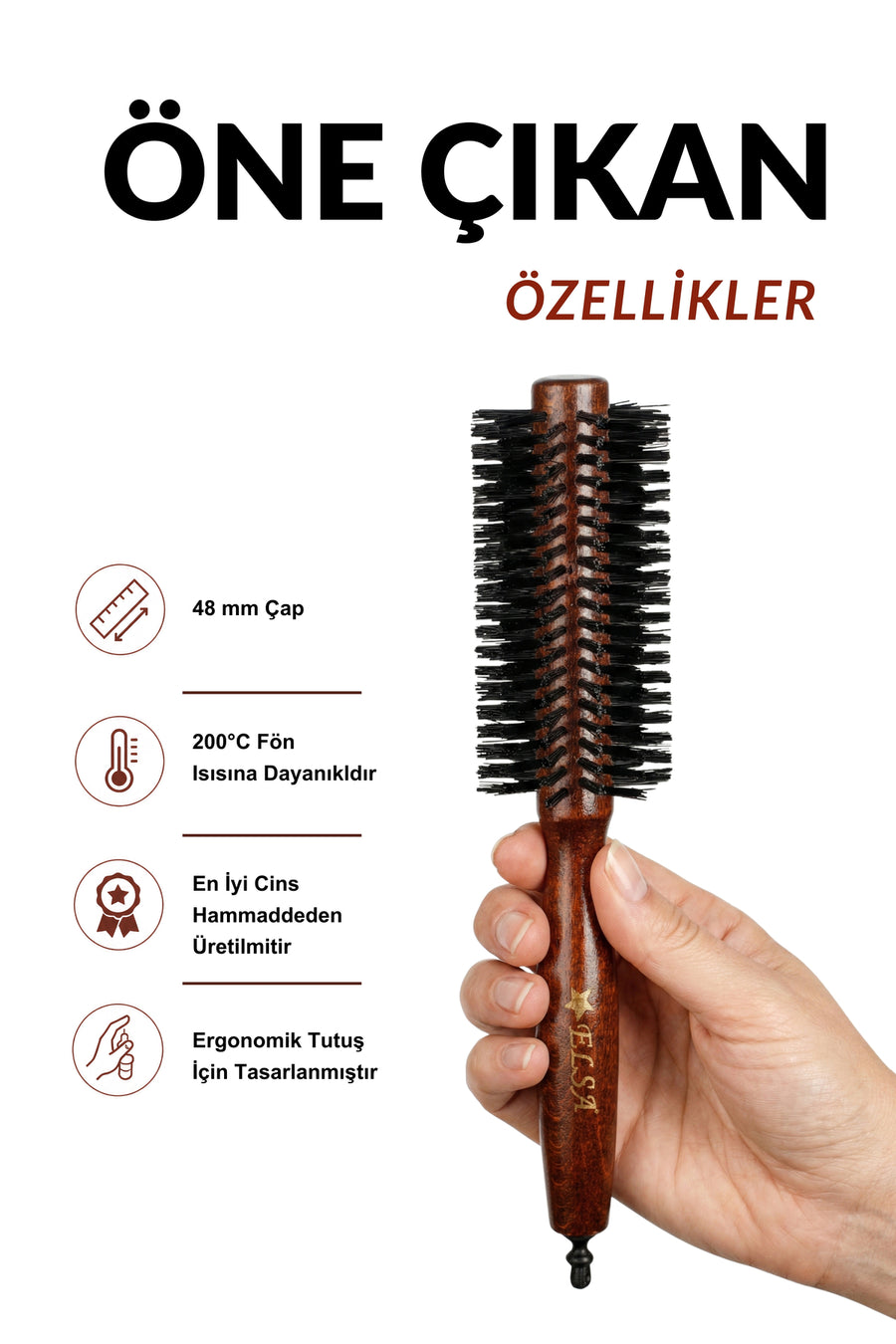 Elsa Professional 444 Maun fön fırçası 48 mm ergonomik tutuş ve ısı dayanımı