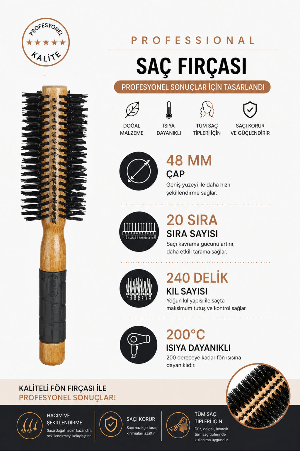 Professional 501 Natürel Saç Fırçası 48 mm – Profesyonel Fön Fırçası, Hacim Veren Yuvarlak Saç Fırçası