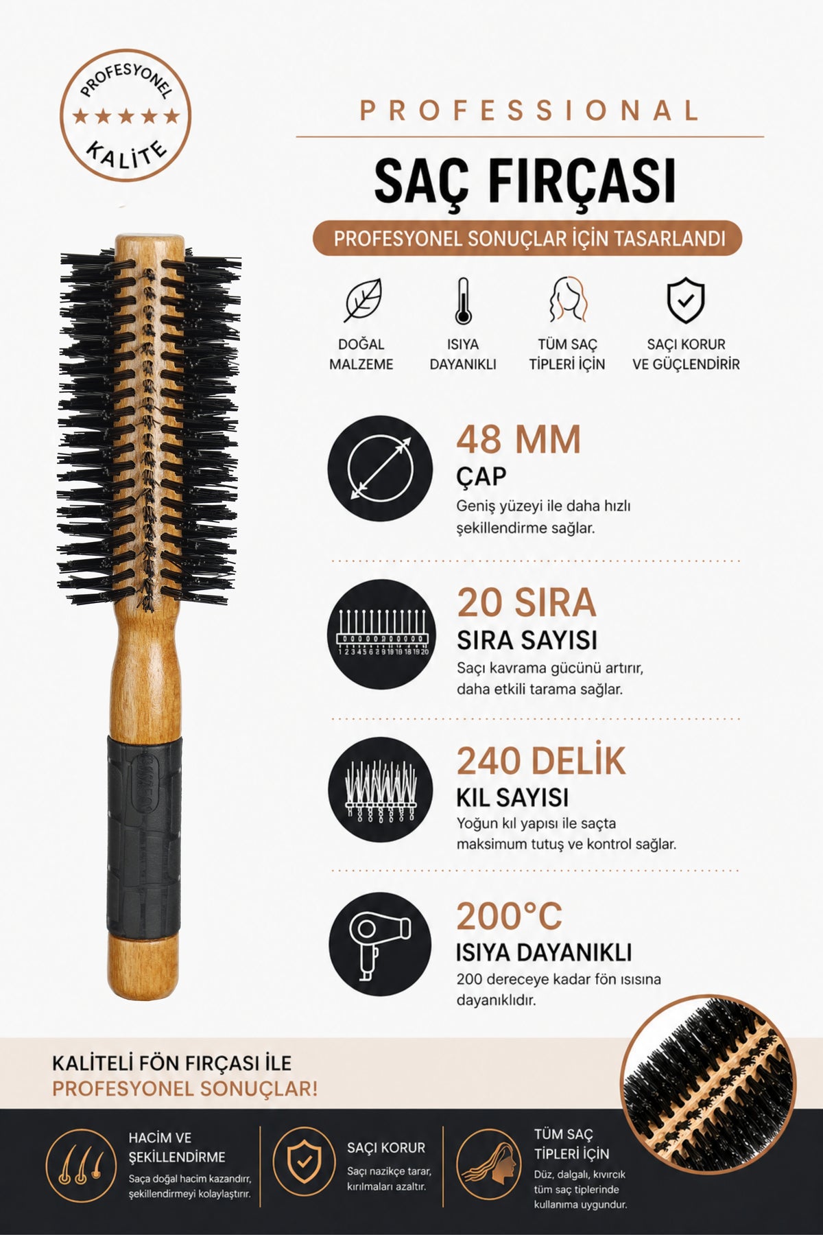 Professional 501 Natürel Saç Fırçası 48 mm – Profesyonel Fön Fırçası, Hacim Veren Yuvarlak Saç Fırçası