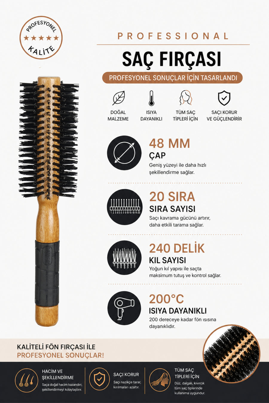 Elsa Professional 501 fön fırçası 48 mm 20 sıra 240 kıl deliği ve 200°C teknik bilgiler