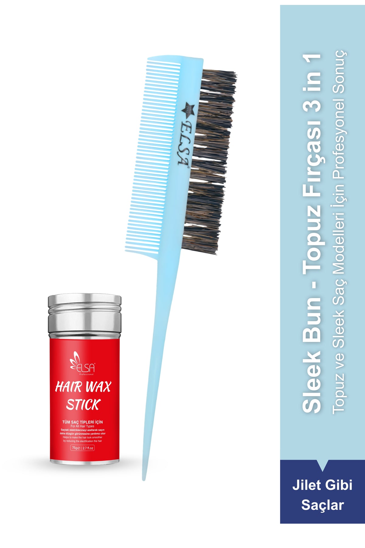 Hair Wax Stick 75 gr and Blue 3-in-1 Bun Brush