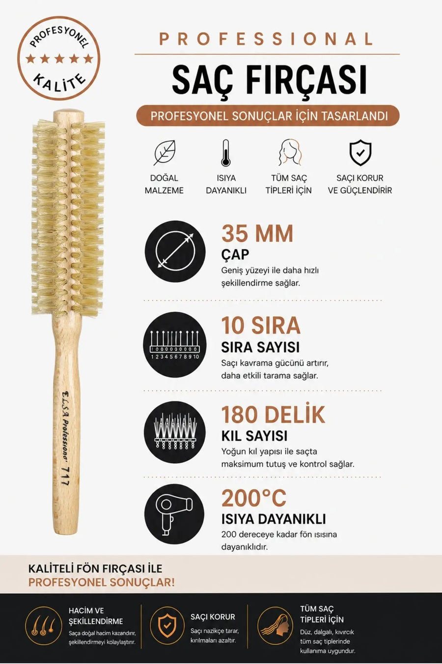Elsa Professional 717 fön fırçası 35 mm 10 sıra 180 delik ve 200°C bilgisi