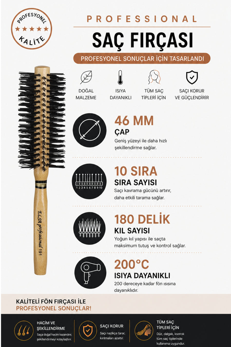 Professional 191 Natural Hair Brush 46 mm – Professional Blow Dry Brush, Volumizing Round Hair Brush
