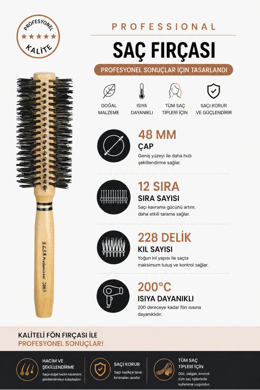 Elsa 2003 fön fırçası 12 sıra ve 228 kıl deliği