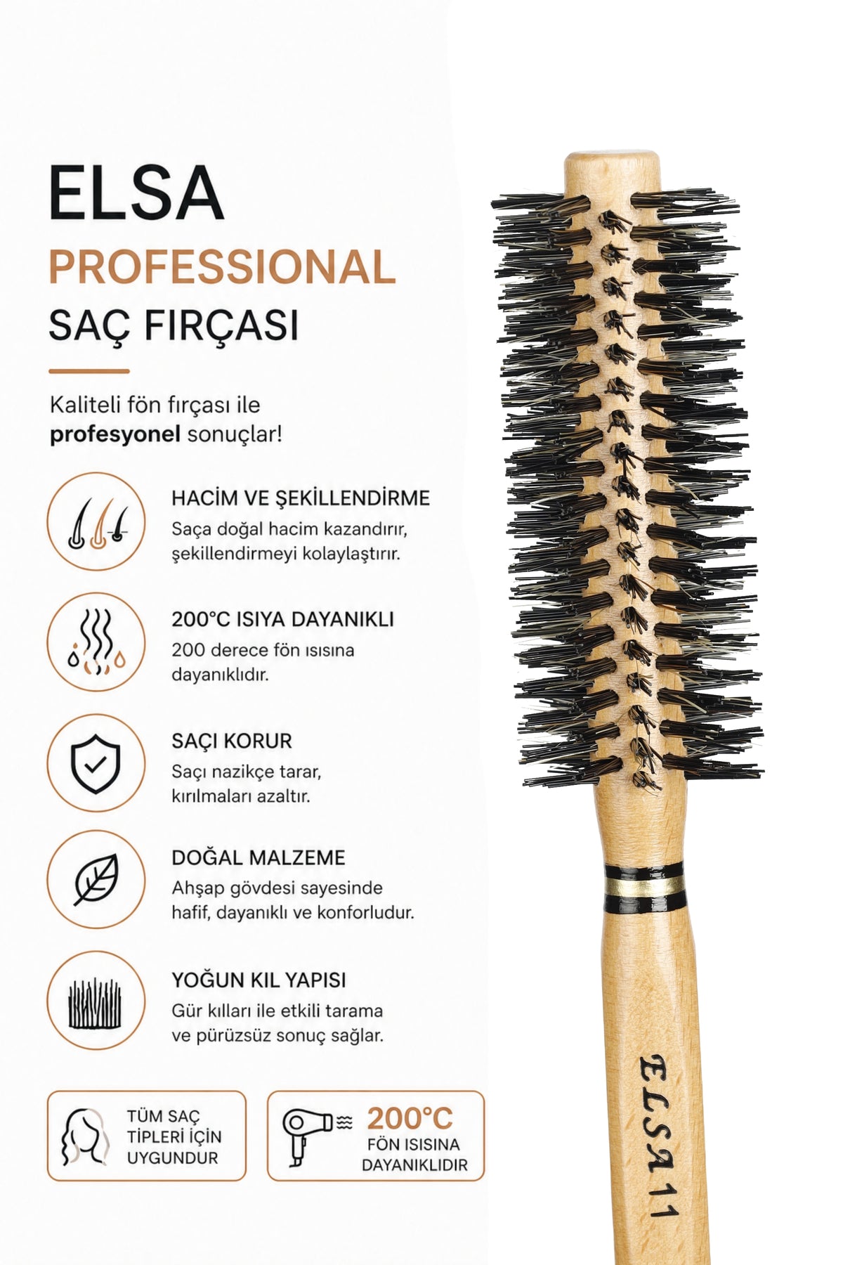 Professional 11 Natürel Kırçıllı Saç Fırçası 36 mm – Profesyonel Fön Fırçası, Hacim Veren Yuvarlak Saç Fırçası - Elsa Saç Fırçaları