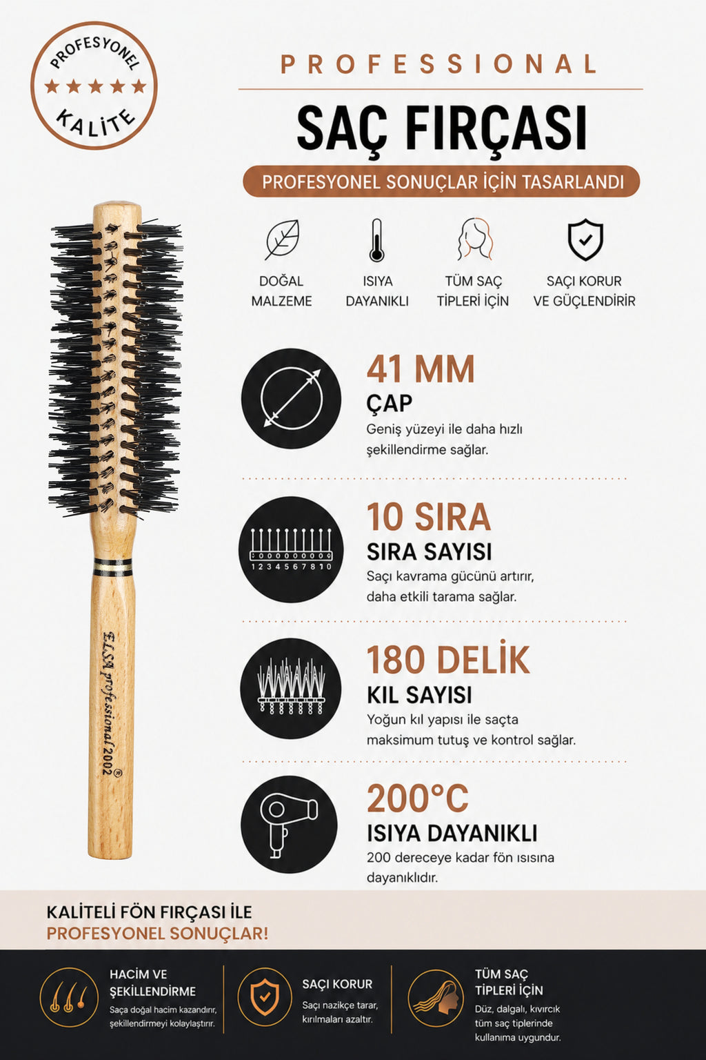 Professional 2002 Natürel Saç Fırçası 40 mm – Profesyonel Fön Fırçası, Hacim Veren Yuvarlak Saç Fırçası - Elsa Saç Fırçaları