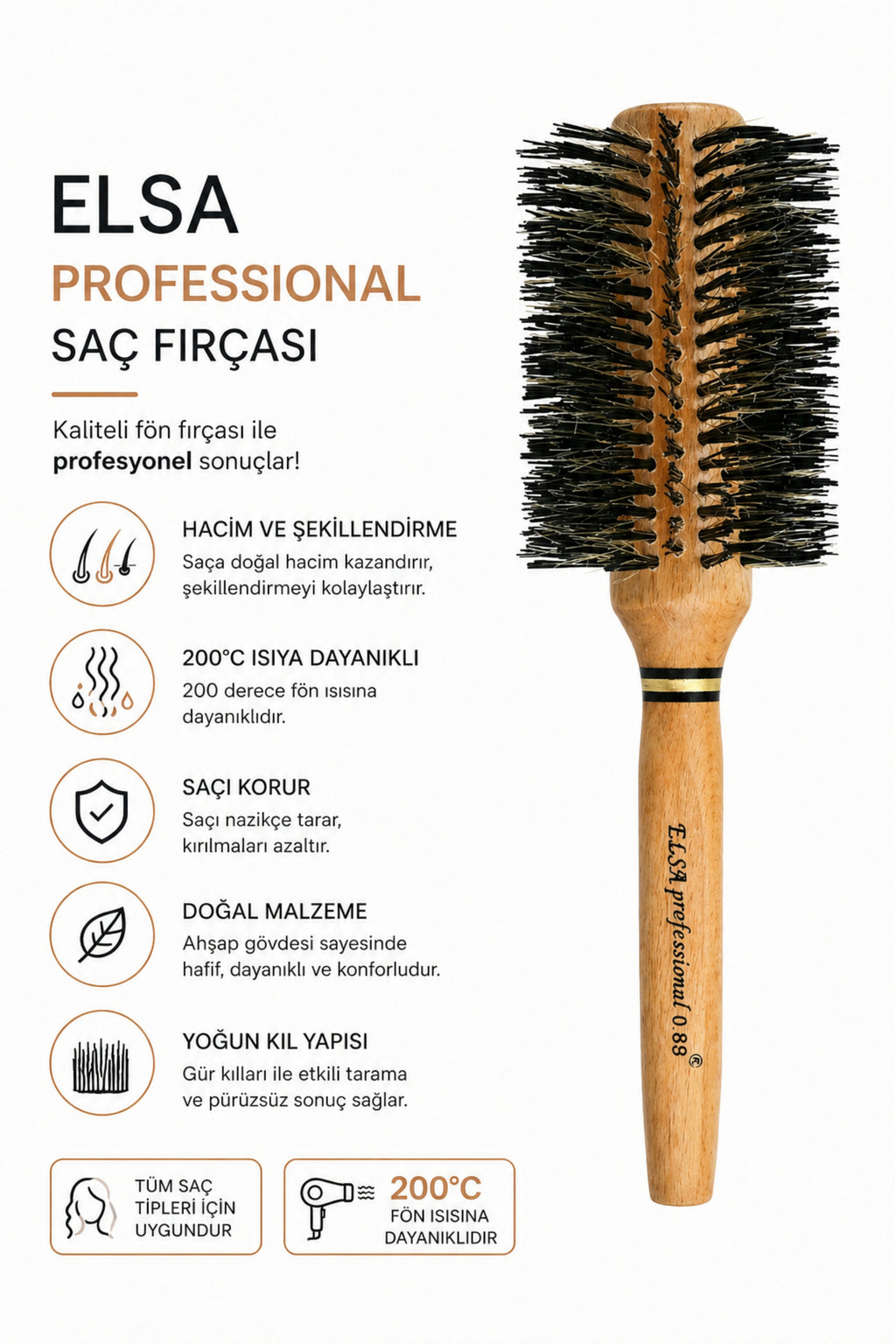 Professional 0.89 Natürel Saç Fırçası 71 mm – Profesyonel Fön Fırçası, Hacim Veren Yuvarlak Saç Fırçası - Elsa Saç Fırçaları