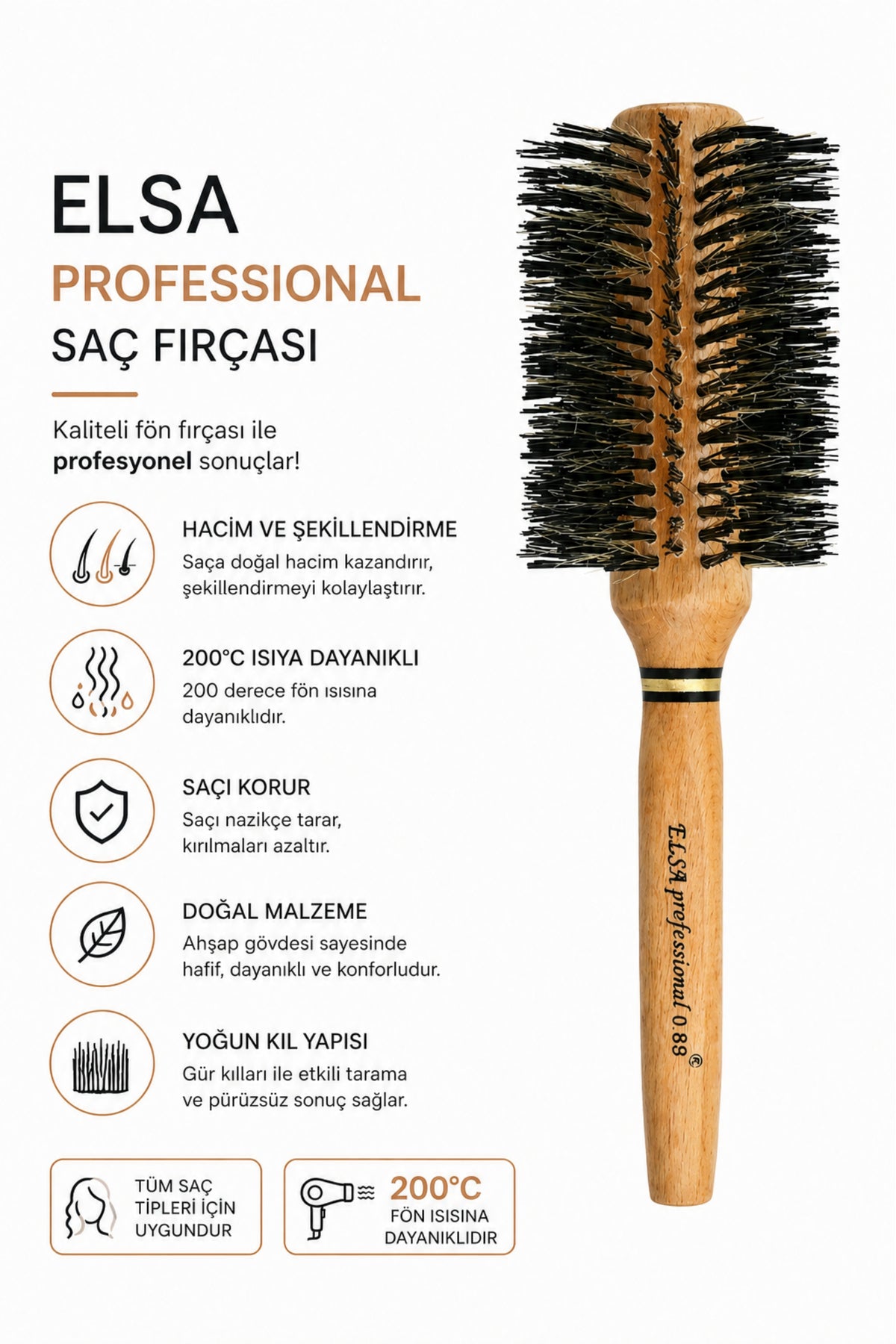 Professional 0.89 Natürel Saç Fırçası 71 mm – Profesyonel Fön Fırçası, Hacim Veren Yuvarlak Saç Fırçası - Elsa Saç Fırçaları
