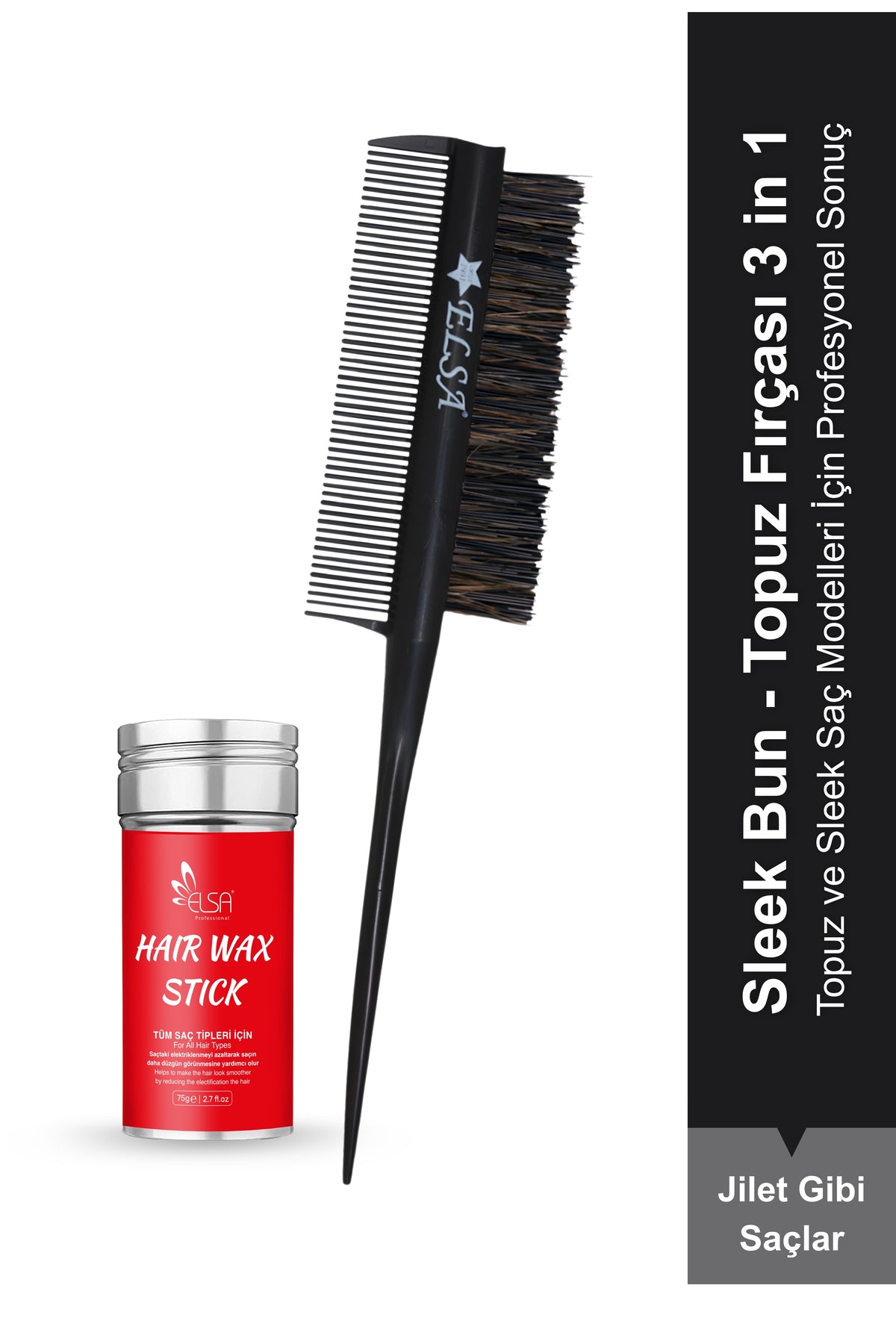 Hair Wax Stick 75 gr and Black 3-in-1 Bun Brush