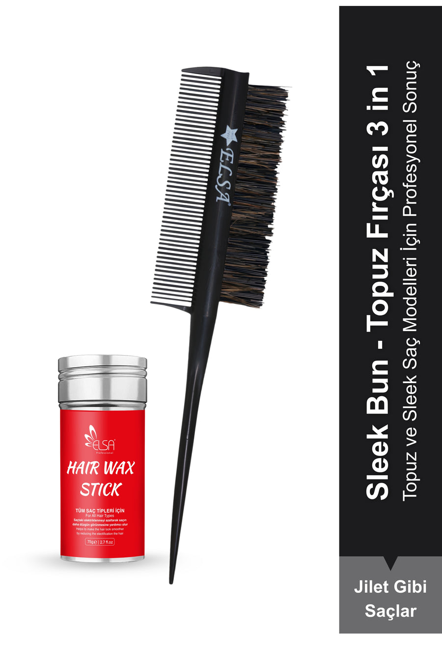 Hair Wax Stick 75 gr and Black 3-in-1 Bun Brush
