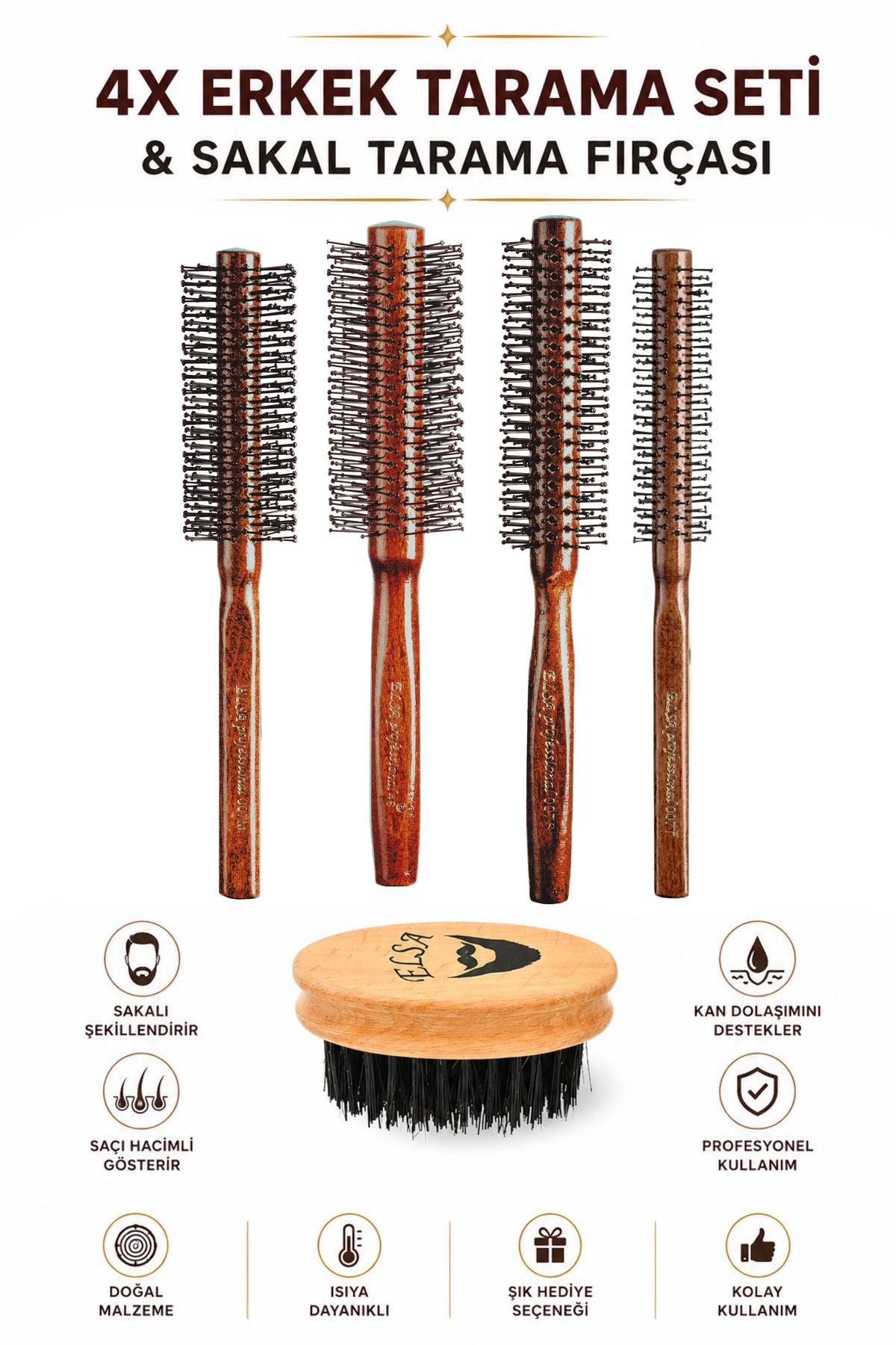 Professional 4-Piece Men's Hairbrush Series and Beard Brush