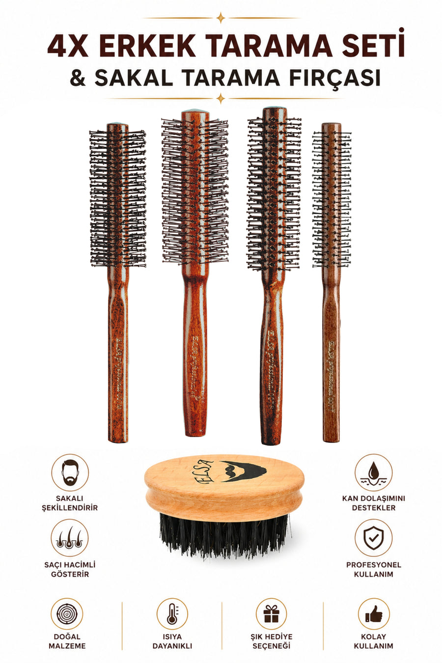 Professional 4-Piece Men's Hairbrush Series and Beard Brush
