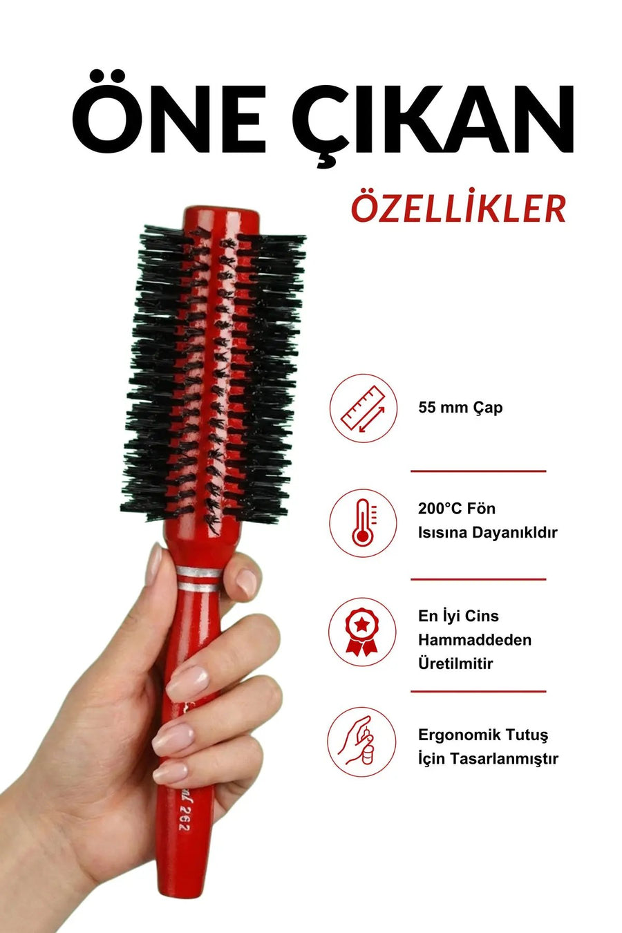 262 Kırmızı fön fırçasının 55 mm, 200°C ve ergonomik tutuş özellikleri