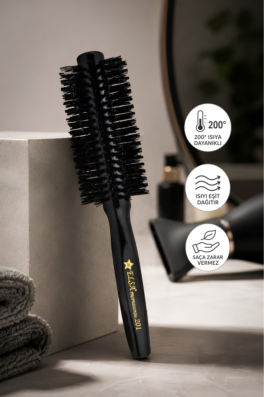 Elsa Professional 201 siyah 48 mm fön fırçası ısı dayanımı ve eşit ısı dağılımı