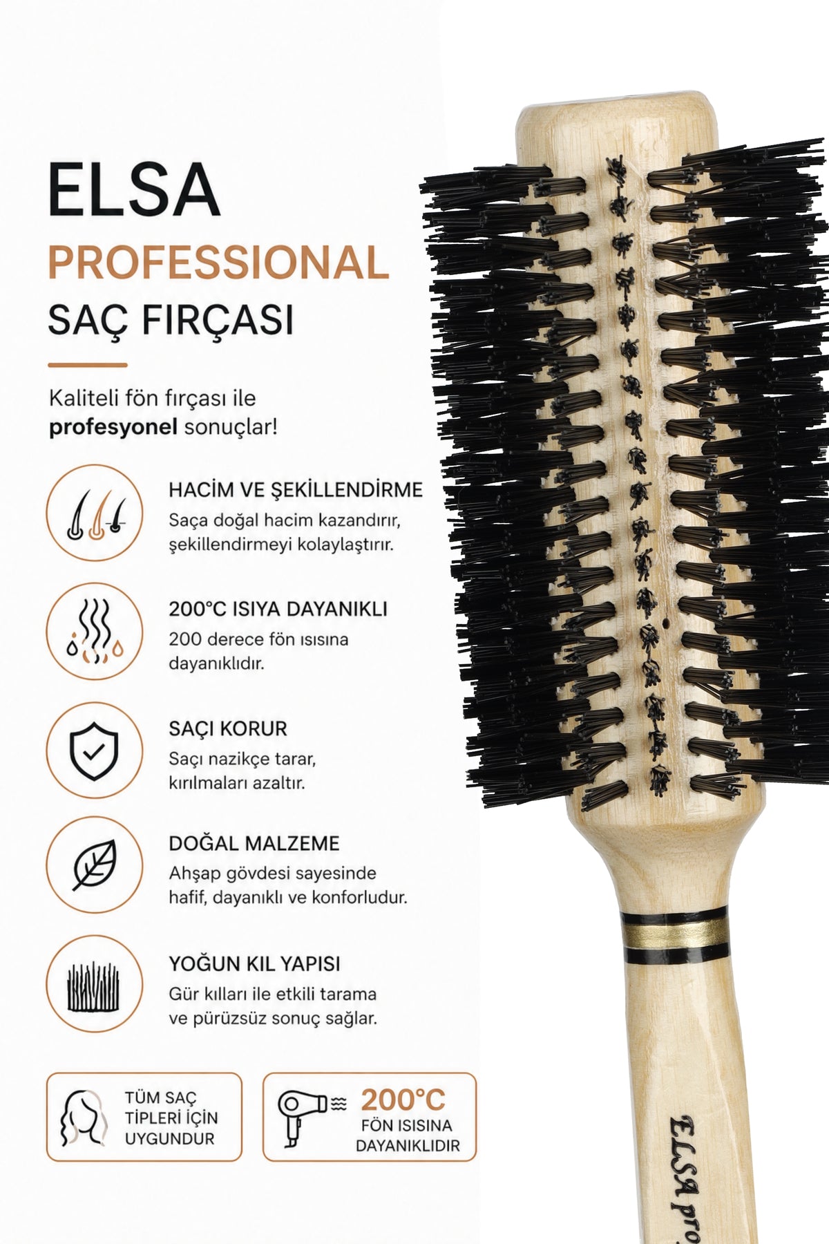Professional 0.77 Natürel Saç Fırçası 60 mm – Profesyonel Fön Fırçası, Hacim Veren Yuvarlak Saç Fırçası - Elsa Saç Fırçaları