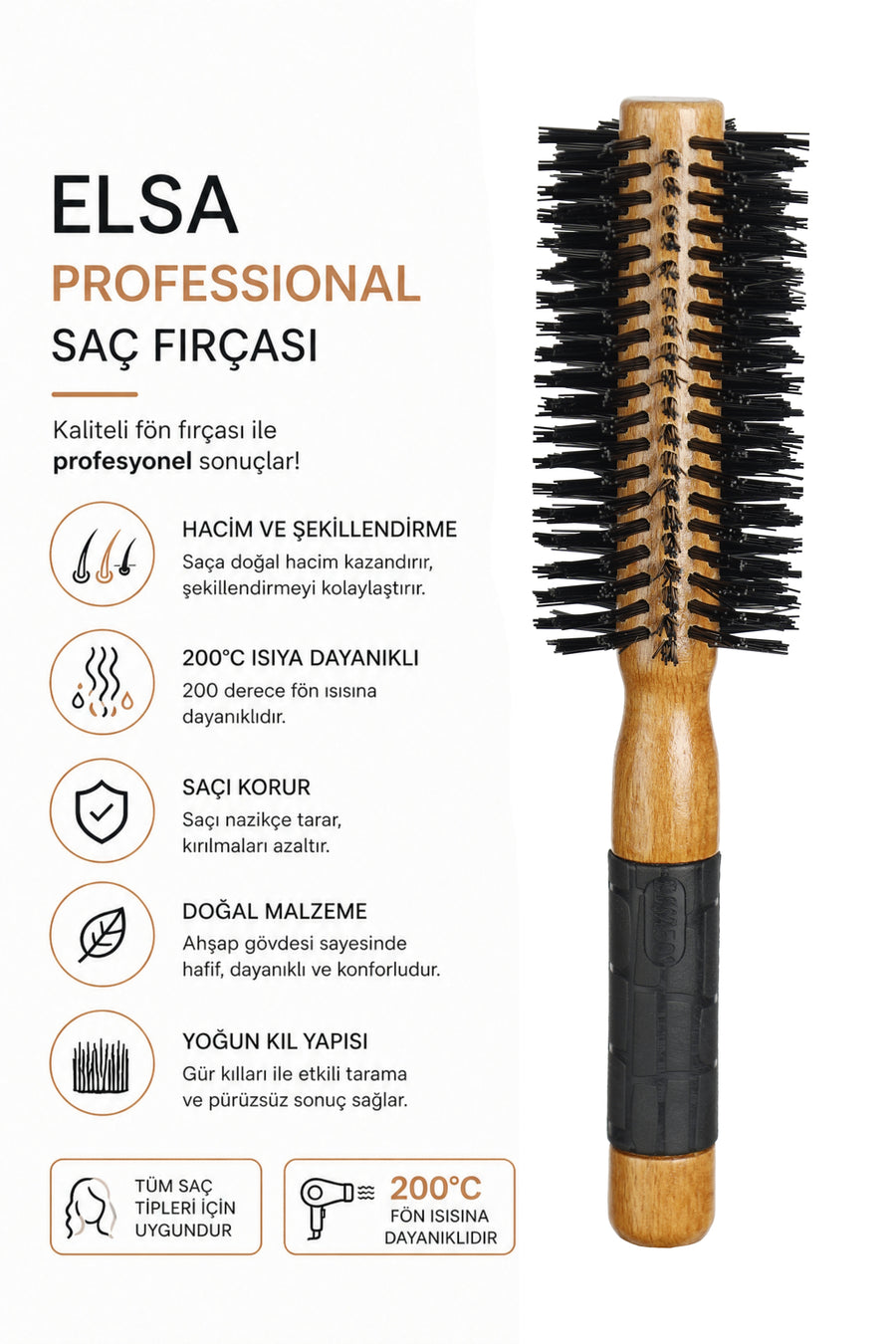 Elsa Professional 501 Natürel fön fırçası hacim yoğun kıl ve doğal malzeme özellikleri