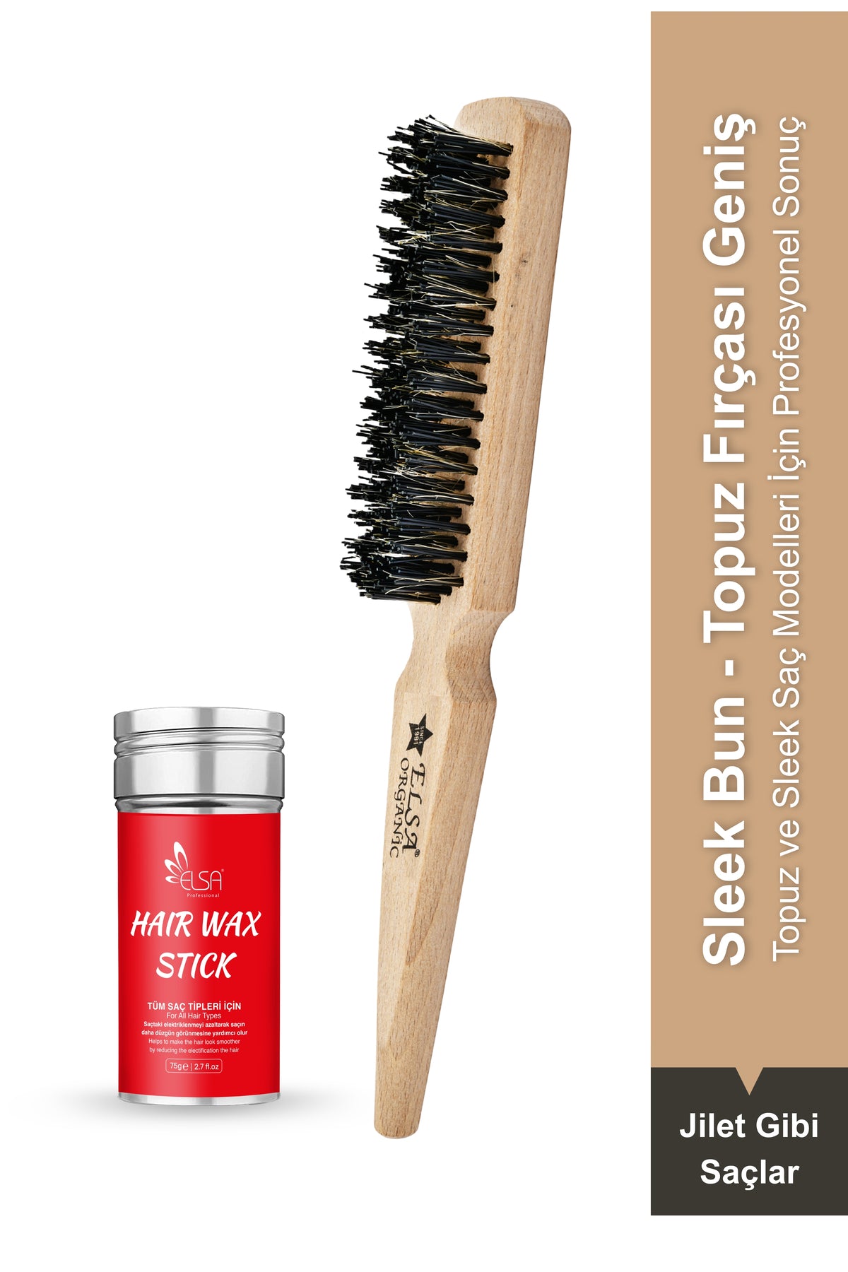 Professional Hair Wax Stick 75gr - Hair Fixative and 131 Organic Bun Brush Sleek Bun 2-Piece Set