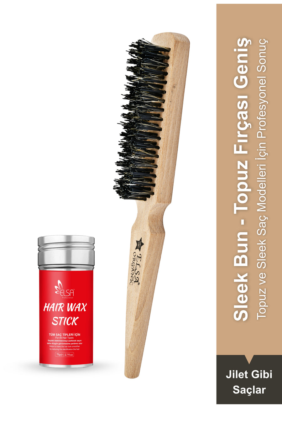 Professional Hair Wax Stick 75gr - Hair Fixative and 131 Organic Bun Brush Sleek Bun 2-Piece Set