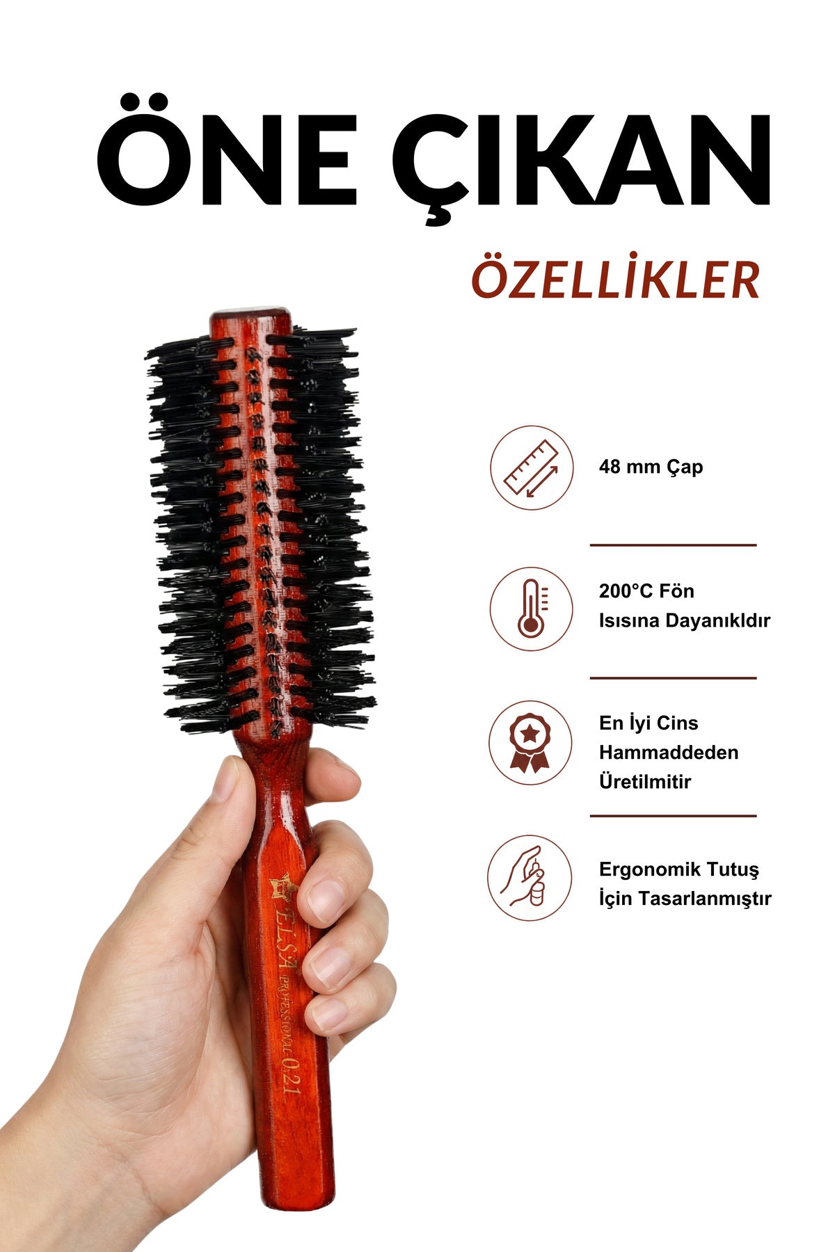 Elsa Professional 421 Maun fön fırçası 48 mm teknik özellik ve 200 derece ısı dayanımı