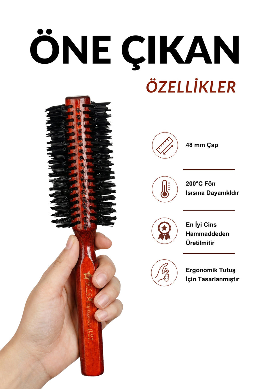 Elsa Professional 421 Maun fön fırçası 48 mm teknik özellik ve 200 derece ısı dayanımı