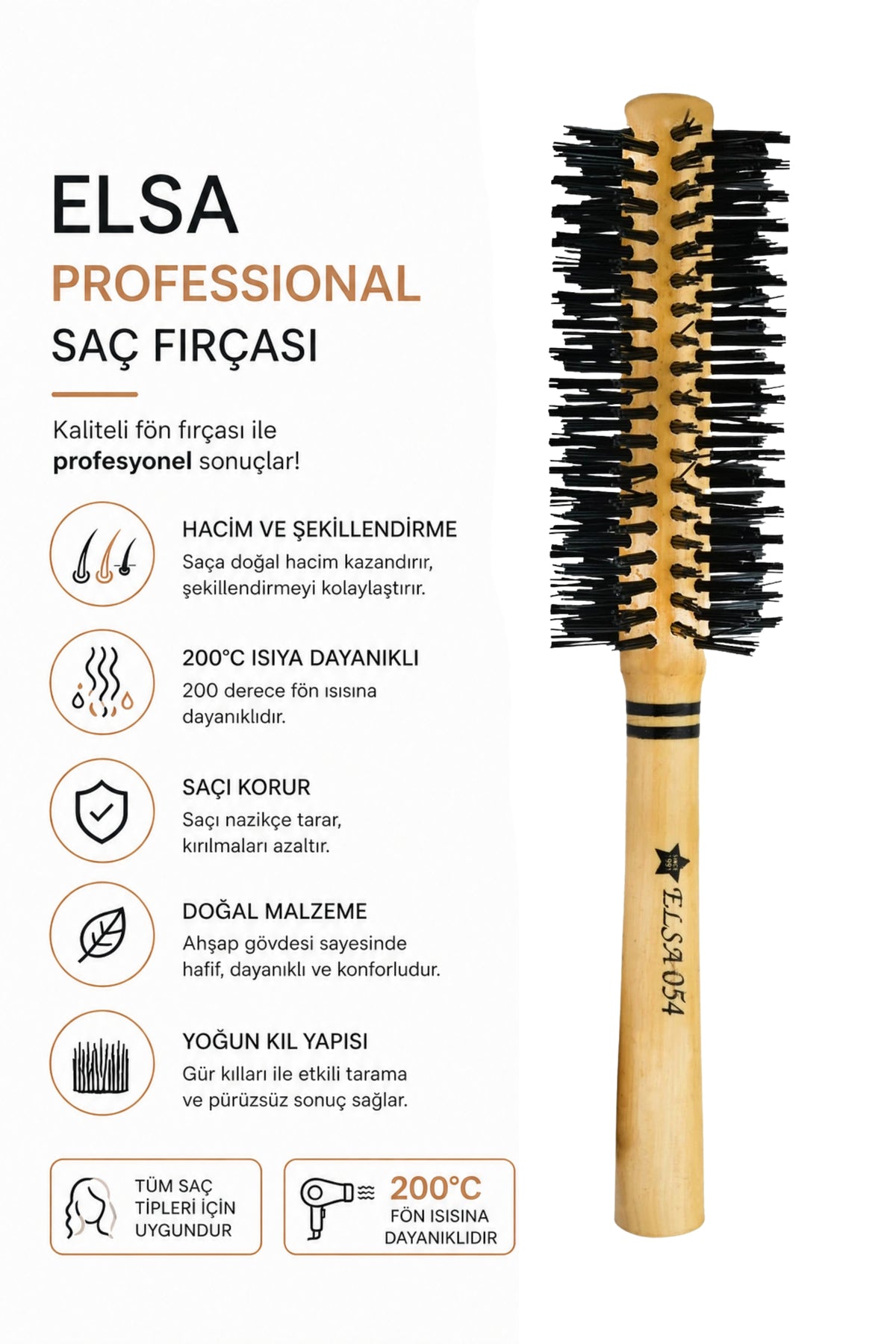 Elsa Professional 0.54 Natürel Saç Fırçası 43 mm – Profesyonel Fön Fırçası, Hacim Veren Yuvarlak Saç Fırçası - Elsa Saç Fırçaları