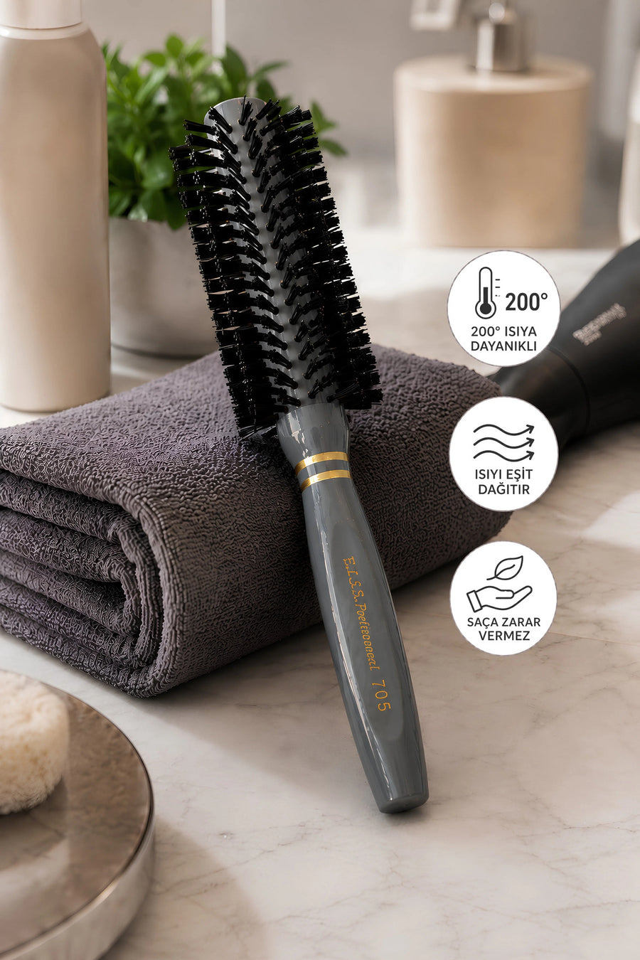 Elsa Professional 103 Gri fön fırçası 200 derece ısı ve eşit ısı dağılımı özellikleri