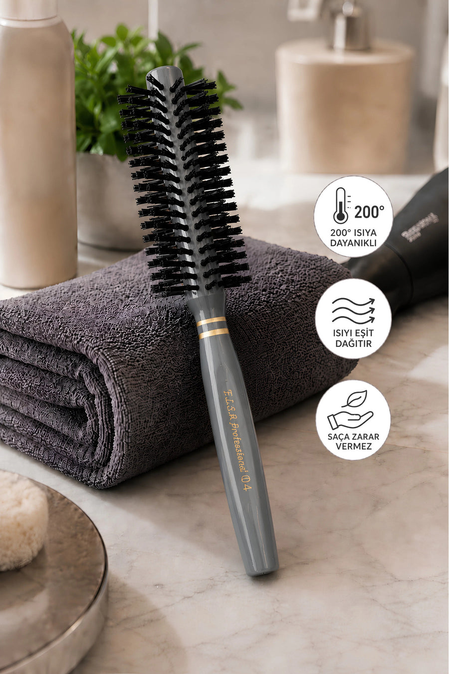 Elsa Professional 04 gri 37 mm fön fırçası ısı dayanımı ve eşit ısı dağılımı