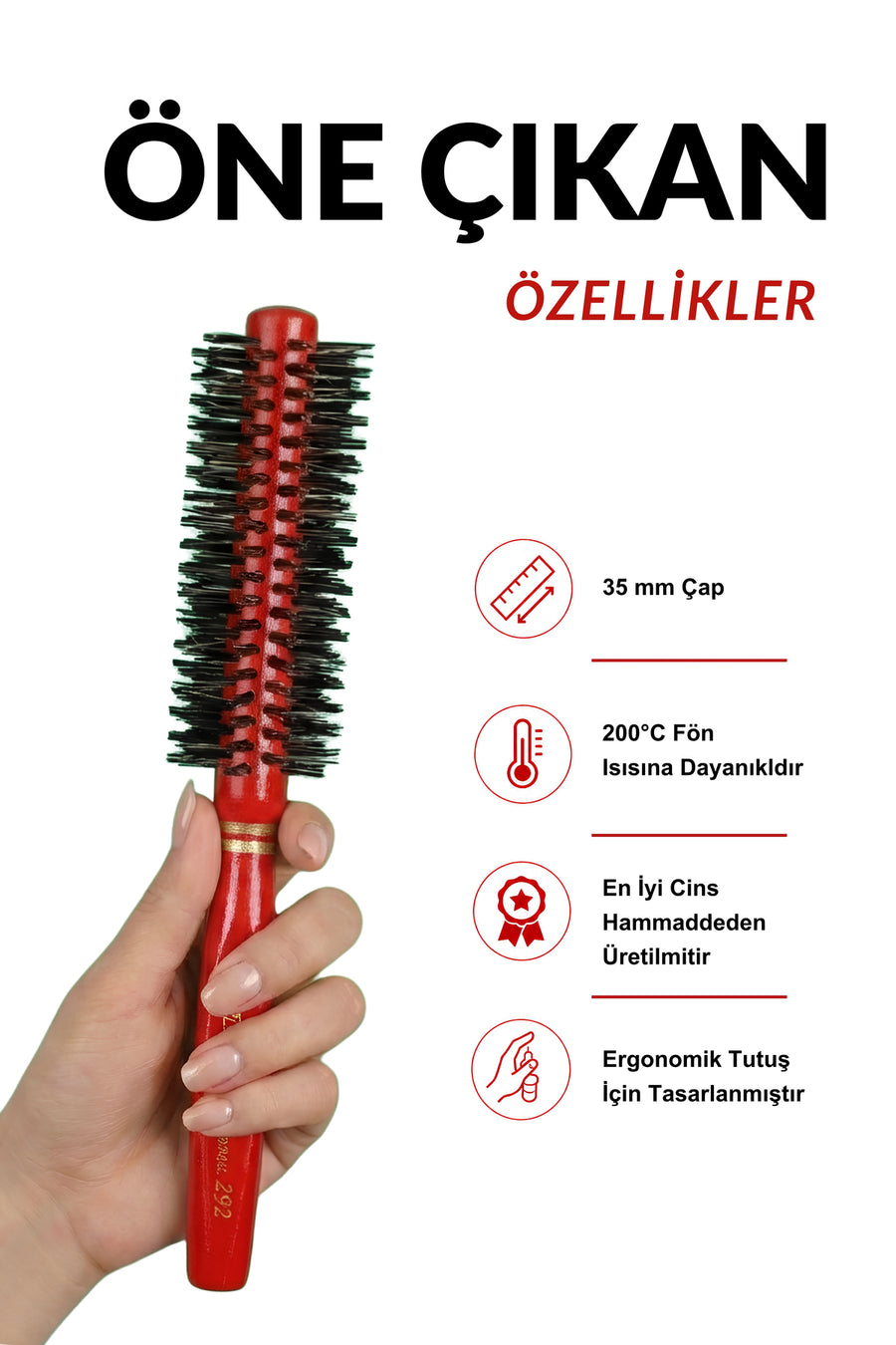 Elsa Professional 292 kırmızı 35 mm fön fırçası ergonomik tutuş ve ısı dayanımı