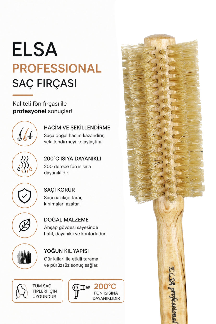 Elsa Professional 716 doğal kıllı fön fırçası hacim ve 200°C özellikleri