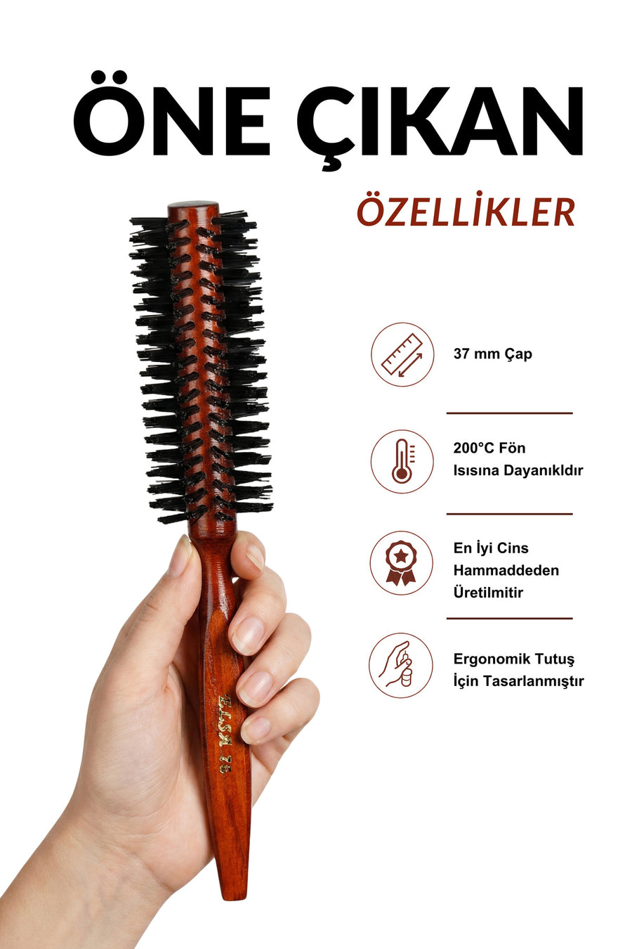 Elsa Professional 75 Maun fön fırçası 37 mm çap ve 200 derece ısı özellikleri