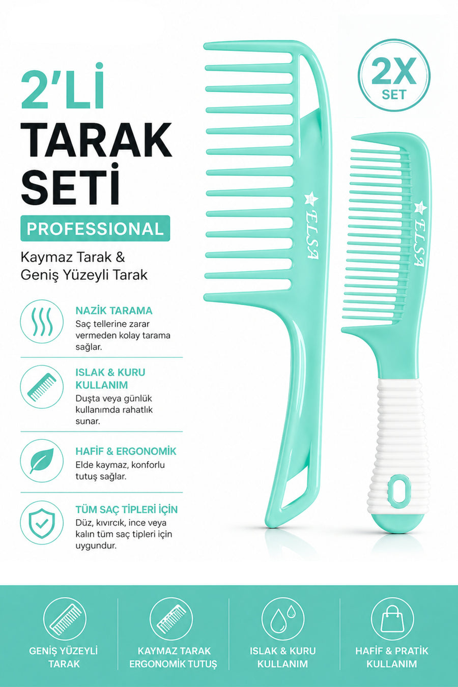 Professional 1058 Non-Slip Comb & 0345 Wide-Surface Comb 2-Piece Set – Easy Combing