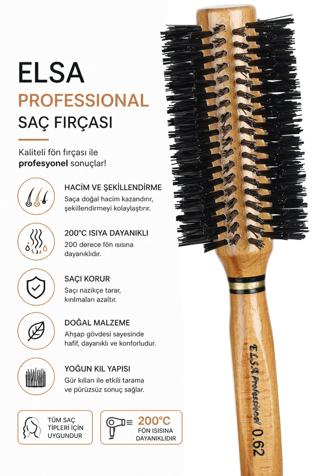 Elsa Professional 0.62 Natürel Saç Fırçası 55 mm – Profesyonel Fön Fırçası, Hacim Veren Yuvarlak Saç Fırçası - Elsa Saç Fırçaları