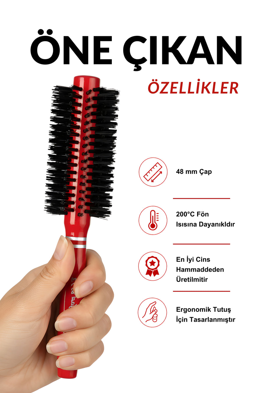 Elsa Professional 261 kırmızı 48 mm fön fırçası ergonomik tutuş ve yoğun kıl yapısı