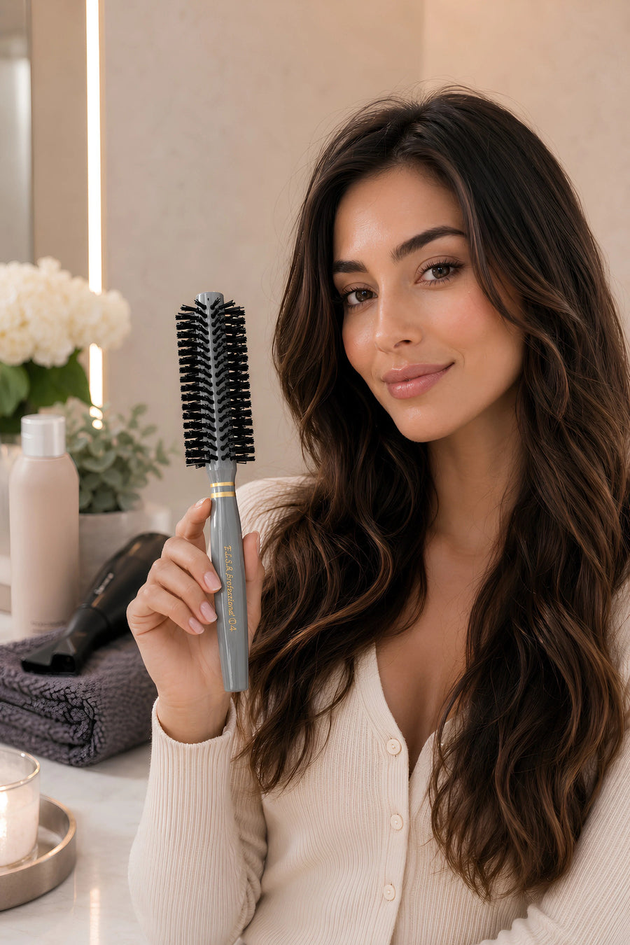 Elsa Professional 04 gri 37 mm fön fırçası elde kullanım görünümü