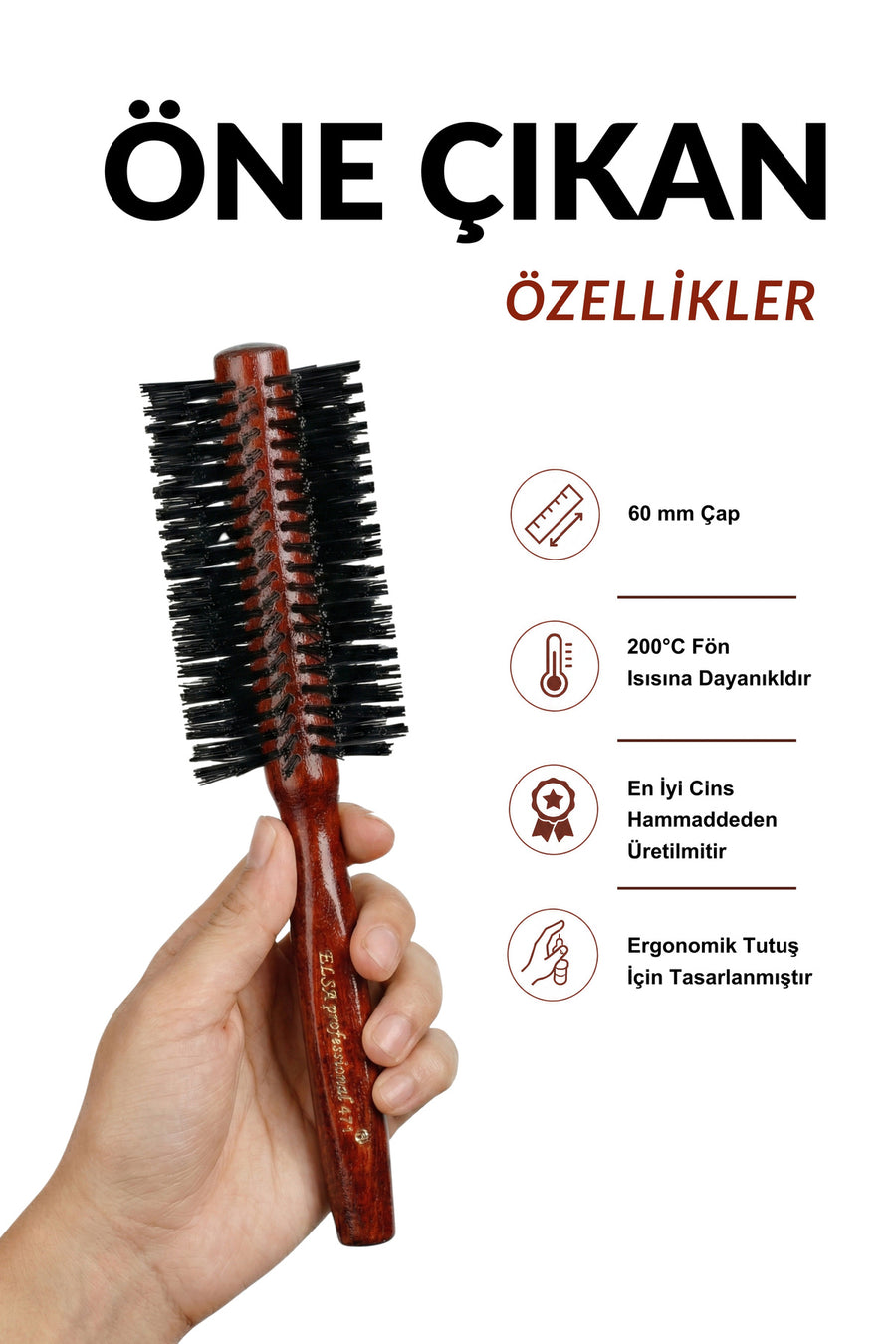 Elsa Professional 471 Maun 60 mm fön fırçası ergonomik tutuş ve ısı dayanımı